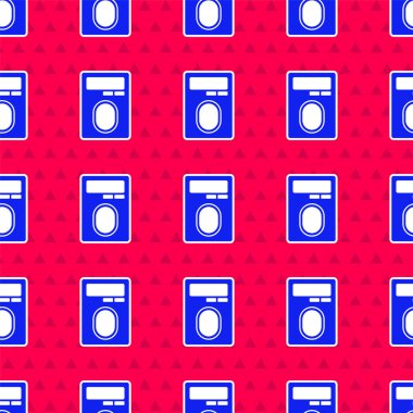 Mavi İnsan el taraması, parmak taraması ile giriş kontrol makinesi simgesini tarıyor. Kırmızı arkaplandaki dikişsiz desen izole edildi. Kimlik işareti. Kimliğe dokun. Vektör.