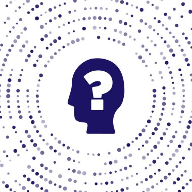 Beyaz arka planda soru işareti simgesi olan mavi insan kafası. Soyut çember rastgele noktalar. Vektör.