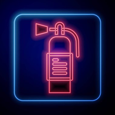 Parlayan neon yangın söndürme ikonu mavi arka planda izole edildi. Vektör.