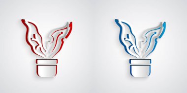 Kağıt kesiği, gri arkaplanda izole edilmiş saksı ikonundaki bitki. Tencerede yetişen bir bitki. Saksı bitkisi işareti. Kağıt sanatı tarzı. Vektör.