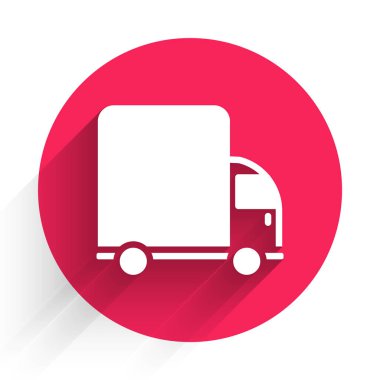 Beyaz teslimat kamyonu ikonu uzun gölgeli izole edildi. Kırmızı daire düğmesi. Vektör.