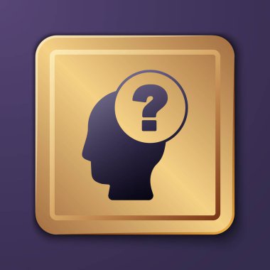 Mor arka planda soru işareti simgesi olan mor insan kafası. Altın kare düğme. Vektör.