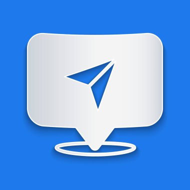 Kağıt kesimi Şehir Haritası yön bulma simgesi mavi arkaplanda izole edildi. Arayüz tasarımı. Yer belirleme konsepti. Kağıt sanatı tarzı. Vektör.