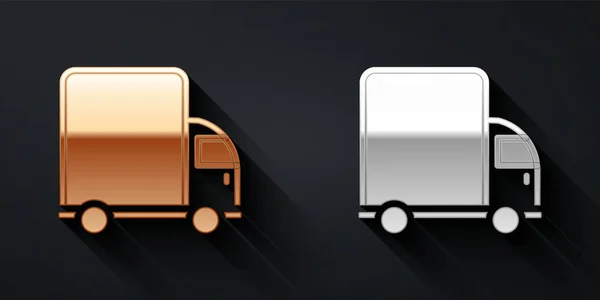 Χρυσό Και Ασήμι Παράδοση Φορτηγό Φορτηγό Όχημα Εικονίδιο Απομονώνονται Μαύρο — Διανυσματικό Αρχείο