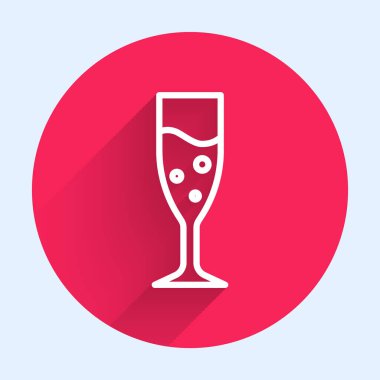 Beyaz çizgi, uzun gölgeli şampanya ikonu. Kırmızı daire düğmesi. Vektör.