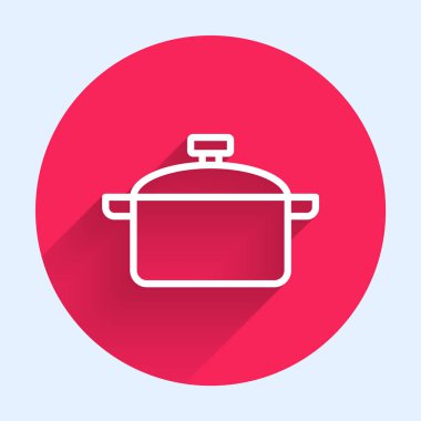 Beyaz çizgi tencere ikonu uzun gölgeli izole edilmiş. Haşlama ya da güveç besin sembolü. Kırmızı daire düğmesi. Vektör.