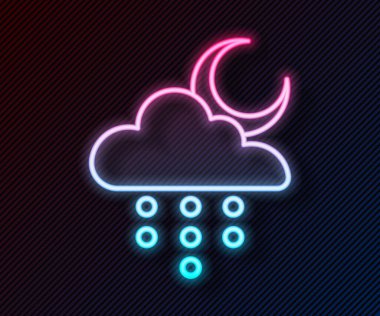 Parlayan neon çizgisi bulutu, yağmur ve ay ikonu, siyah arka planda izole edilmiş. Yağmur damlaları ile yağmur bulutu yağışı. Vektör.