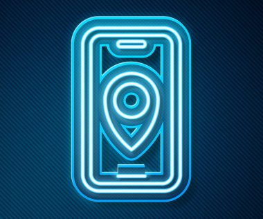 Şehrin harita yön bulma simgesinin parlayan neon hattı Infographic mavi arkaplanda izole edildi. Mobil Uygulama Arayüzü tasarımı. Coğrafi konsept. Vektör.