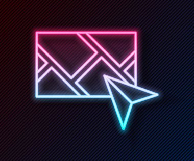 Şehir haritası yön bulma simgesinin parlayan neon hattı bilgileri siyah arkaplanda izole edildi. Mobil Uygulama Arayüzü tasarımı. Coğrafi konsept. Vektör.