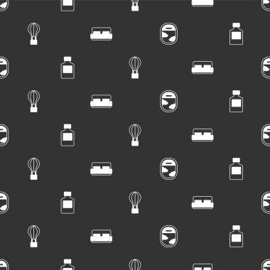 Uçak penceresi, viski şişesi, sıcak hava balonu ve otel odası yatağını kusursuz şekilde ayarlayın. Vektör