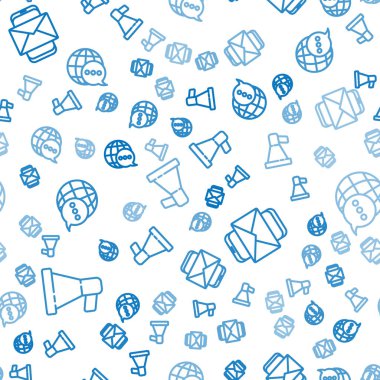 Megafon, cep telefonu, zarf ve konuşma baloncuğundan yapılmış dünya haritasını kusursuz bir şablona ayarlayın. Vektör.