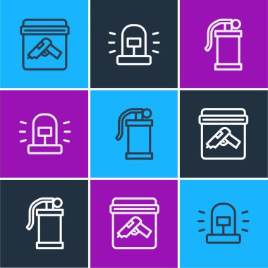 Silah, el bombası ve Flasher siren ikonuyla kanıt torbası hazırlayın. Vektör