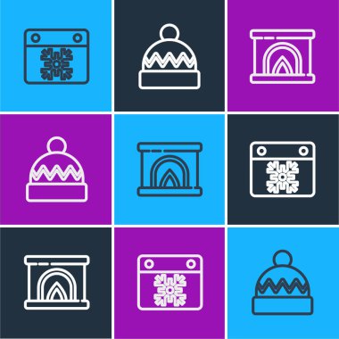 Takvim çizelgesi, şömine ve kış şapkası ikonu. Vektör