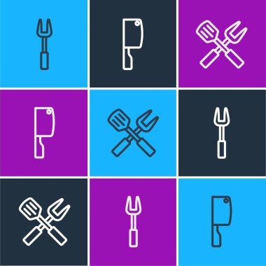 Barbekü çatalı, çapraz çizgi ve spatula ve et helikopter simgesi. Vektör