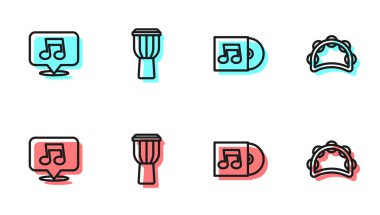 Vinil disk, nota, ton, davul ve tef simgesi ayarla. Vektör