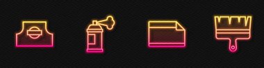 Kağıt yapıştırıcısını ayarlayın, sprey başlık, boya spreyi ve fırça kullanın. Parlayan neon ikonu. Vektör