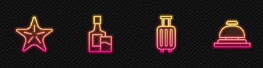 Bavul, denizyıldızı, viski şişesi, cam ve otel servis zilini ayarla. Parlayan neon ikonu. Vektör