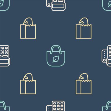 Hat POS terminalini kredi kartıyla, kağıt torba ekmek somunu ve alışveriş geri dönüşümünü sorunsuz bir şekilde ayarla. Vektör