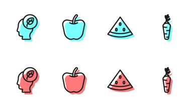 Çizgi karpuz, içinde yaprak olan insan kafası, elma ve havuç ikonu. Vektör