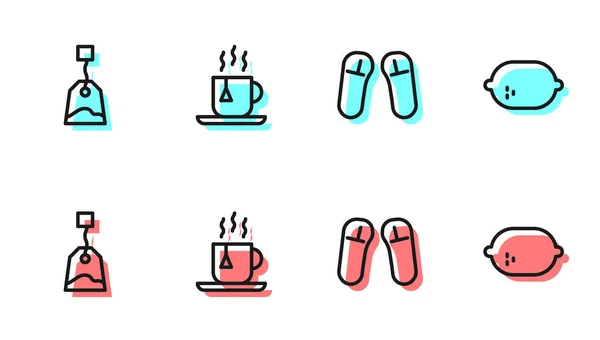 设置线滑 茶杯茶与茶和柠檬图标 — 图库矢量图片