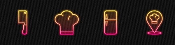 设置线冰箱 厨师帽和位置 发光的霓虹灯图标 — 图库矢量图片