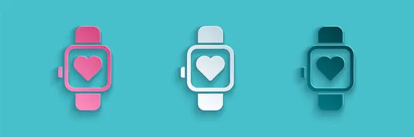 Papiergeschnittene Smartwatch, die das Herzschlagsymbol auf blauem Hintergrund zeigt. Fitness App Konzept. Papierkunst. Vektor — Stockvektor
