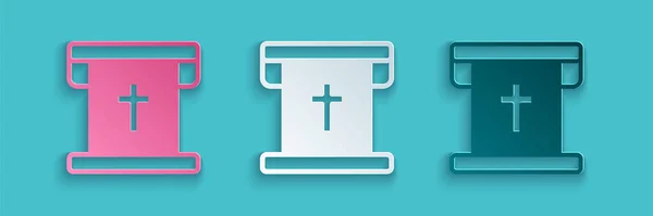 Řez papíru Vlajka s ikonou křesťanského kříže izolované na modrém pozadí. Papírový styl. Vektor — Stockový vektor