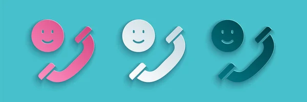 Paper cut Incoming call on mobile phone icon isolated on blue background. Friends call. Paper art style. Vector — Stock Vector