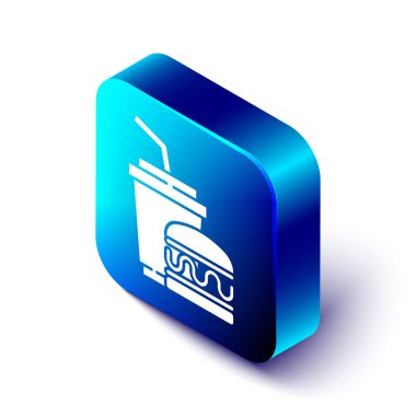 Beyaz arka planda izole edilmiş saman ve burger ikonu ile Isometric Kağıt bardak. Soda su içme tabelası. Hamburger, çizburger sandviçi. Mavi kare düğme. Vektör