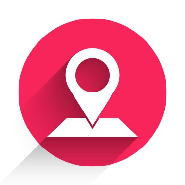 Beyaz Harita iğne simgesi uzun gölgeli. Navigasyon, işaret, konum, harita, GPS, yön, yer, pusula, arama konsepti. Kırmızı daire düğmesi. Vektör
