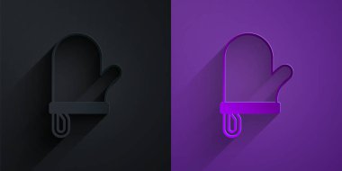 Kağıt kesiği fırın eldiveni simgesi mor arka planda siyah üzerine izole edilmiş. Mutfak tutacağı işareti. Yemek eldiveni. Kağıt sanatı tarzı. Vektör