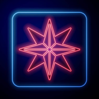 Parlayan neon rüzgarı simgesi siyah arkaplanda izole edildi. Seyahat için pusula simgesi. Navigasyon tasarımı. Vektör