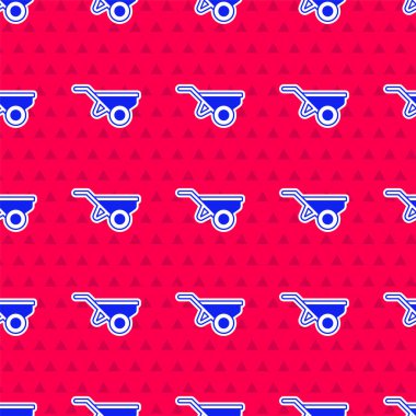 Kirli ikonlu mavi el arabası kırmızı arka planda izole edilmiş. Alet edevat. Tarım arabası tekerlek çiftliği. Vektör