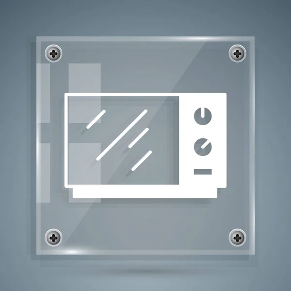 Icono horno microondas blanco aislado sobre fondo gris. Icono de electrodomésticos. Paneles cuadrados de vidrio. Vector — Vector de stock