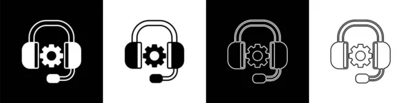 Establecer icono de auriculares aislados en fondo blanco y negro. Servicio al cliente de soporte, línea directa, centro de llamadas, preguntas frecuentes, mantenimiento. Vector — Archivo Imágenes Vectoriales