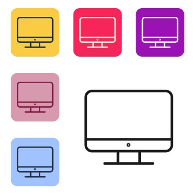 Siyah çizgi bilgisayar ekranı ekranı simgesi beyaz arkaplanda izole edildi. Elektronik cihaz. Ön manzara. Renkli kare düğmelerle simgeleri ayarla. Vektör İllüstrasyonu