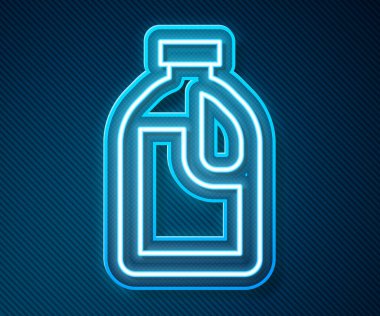 Parlak neon hattı. Çamaşır deterjanı, çamaşır suyu, bulaşık deterjanı ya da mavi arka planda izole edilmiş başka bir temizlik maddesi ikonu için plastik şişe. Vektör