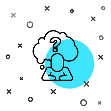 Beyaz arka planda soru işareti simgesi olan siyah çizgi insan kafası. Rastgele dinamik şekiller. Vektör