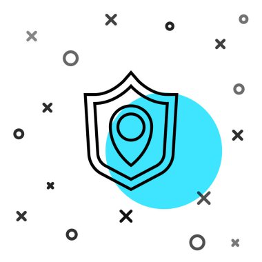 Siyah çizgi konum kalkanı simgesi beyaz arkaplanda izole edildi. Sigorta konsepti. Gardiyan. Güvenlik, güvenlik, koruma, gizlilik kavramı. Rastgele dinamik şekiller. Vektör