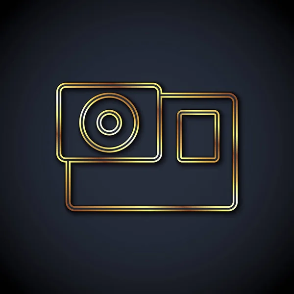 Línea dorada Icono de cámara extrema de acción aislado sobre fondo negro. Equipo de cámara de vídeo para la filmación de deportes extremos. Vector — Archivo Imágenes Vectoriales