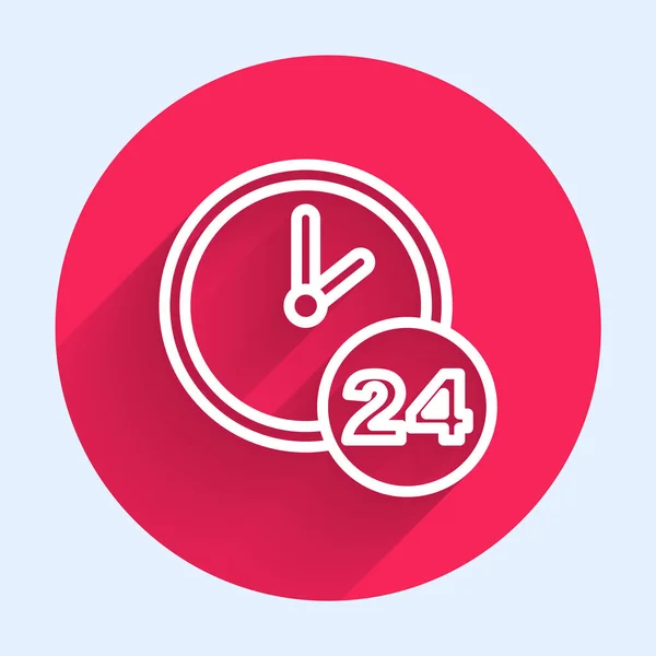 White Line Clock 24 Stunden Icon isoliert mit langem Schatten. Ganztägig zyklische Ikone. 24 Stunden Service-Symbol. Roter Kreis Knopf. Vektor — Stockvektor