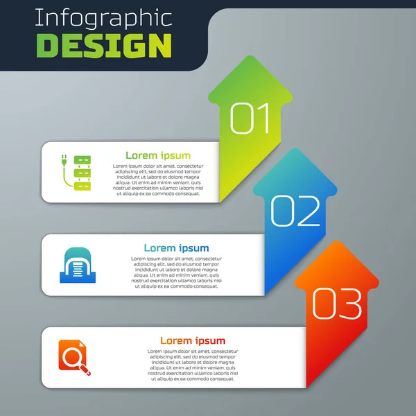 Defina Servidor, Hangar com servidores e pasta de conceito de pesquisa. Modelo de infográfico de negócios. Vetor — Vetor de Stock