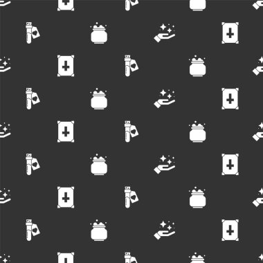 Pırıltılı yıldızları sihirbazlık numarasıyla ayarla, Antik kitap, şişe aşk iksiri ve cadı kazanı kusursuz desenli. Vektör