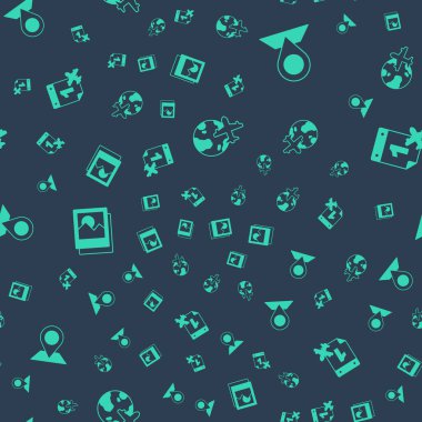 Uçan uçak, konum, fotoğraf ve takvim ve uçak ile Dünya 'yı kusursuz bir düzende ayarla. Vektör