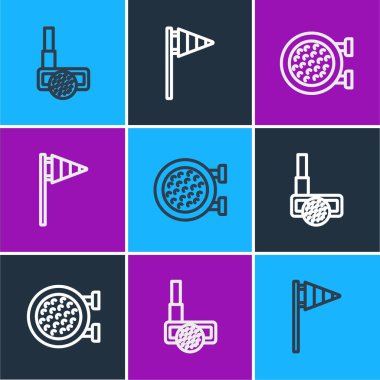 Golf sopası, top, spor ve bayrak ikonu. Vektör