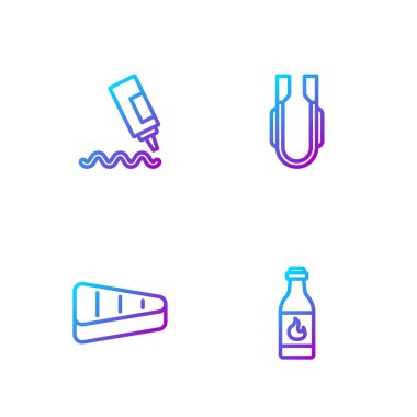 Tabasco sosu, biftek eti, sos şişesi ve et maşası. Renk simgeleri. Vektör