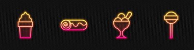 Dondurmayı kaseye koy, waffle külahı, çikolatalı kek ve lolipop. Parlayan neon ikonu. Vektör