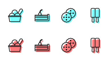 Sıra Cookie ya da bisküvi, kasede dondurma, kirazlı cheesecake ve ikon. Vektör