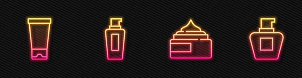 Set lijn Cream of lotion cosmetische buis,, Fles shampoo en. Een gloeiend neon icoon. Vector — Stockvector