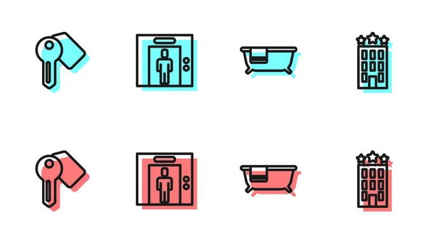 Set line Badewanne, Hotelschlüssel, Aufzug und Gebäude-Symbol. Vektor — Stockvektor